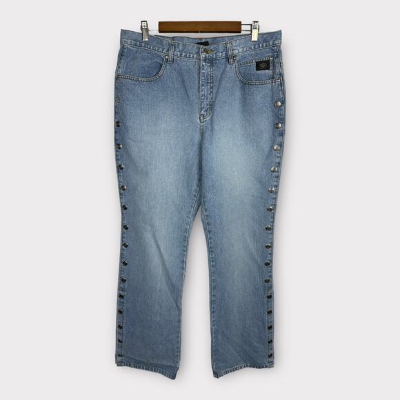 Harley-Davidson Denim - Harley Davidson Womens size 16/33 Side Snap Bootcut Wide Leg Riding Denim Jeans